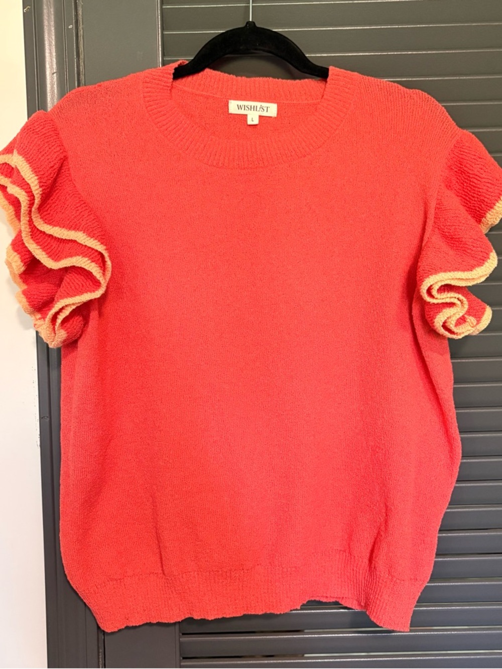 Wishlist Coral Ruffle Sleeve Knit Top with Cream Trim